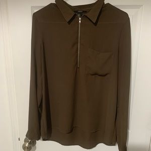 Green high-low Zipper Blouse